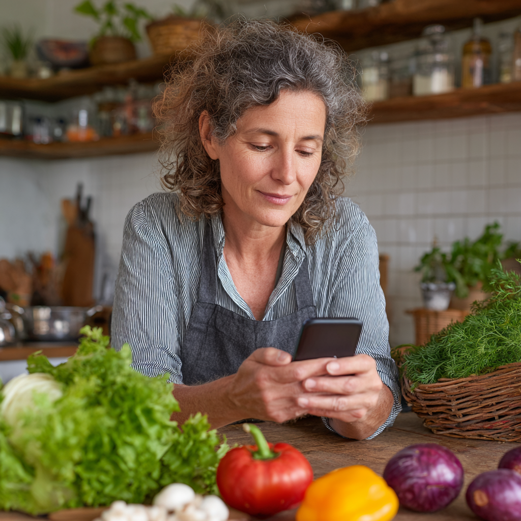 Жена на 52 години разглежда персонализирано седмично меню на телефона си, седейки в кухнята си с пресни продукти наоколо