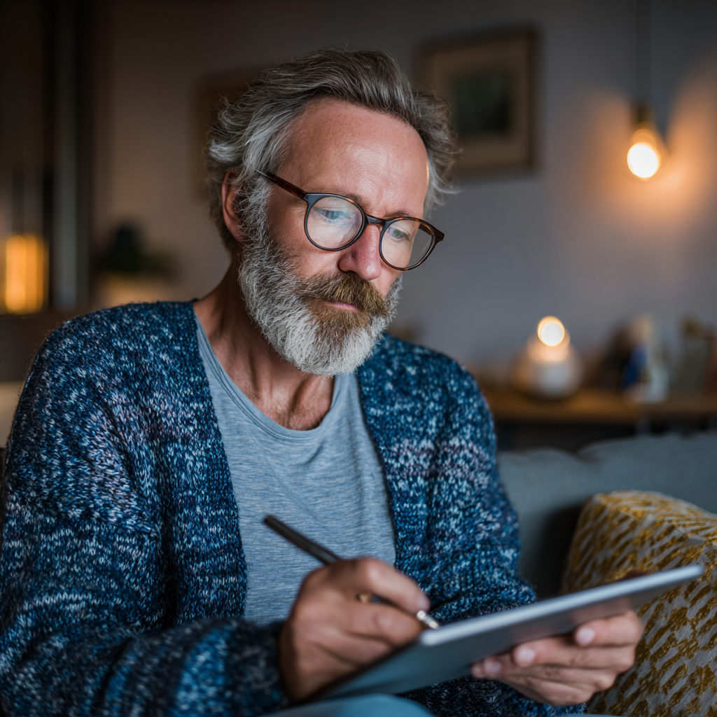 Мъж на 58 години попълва въпросник за здравословните си цели на таблет в уютна домашна обстановка