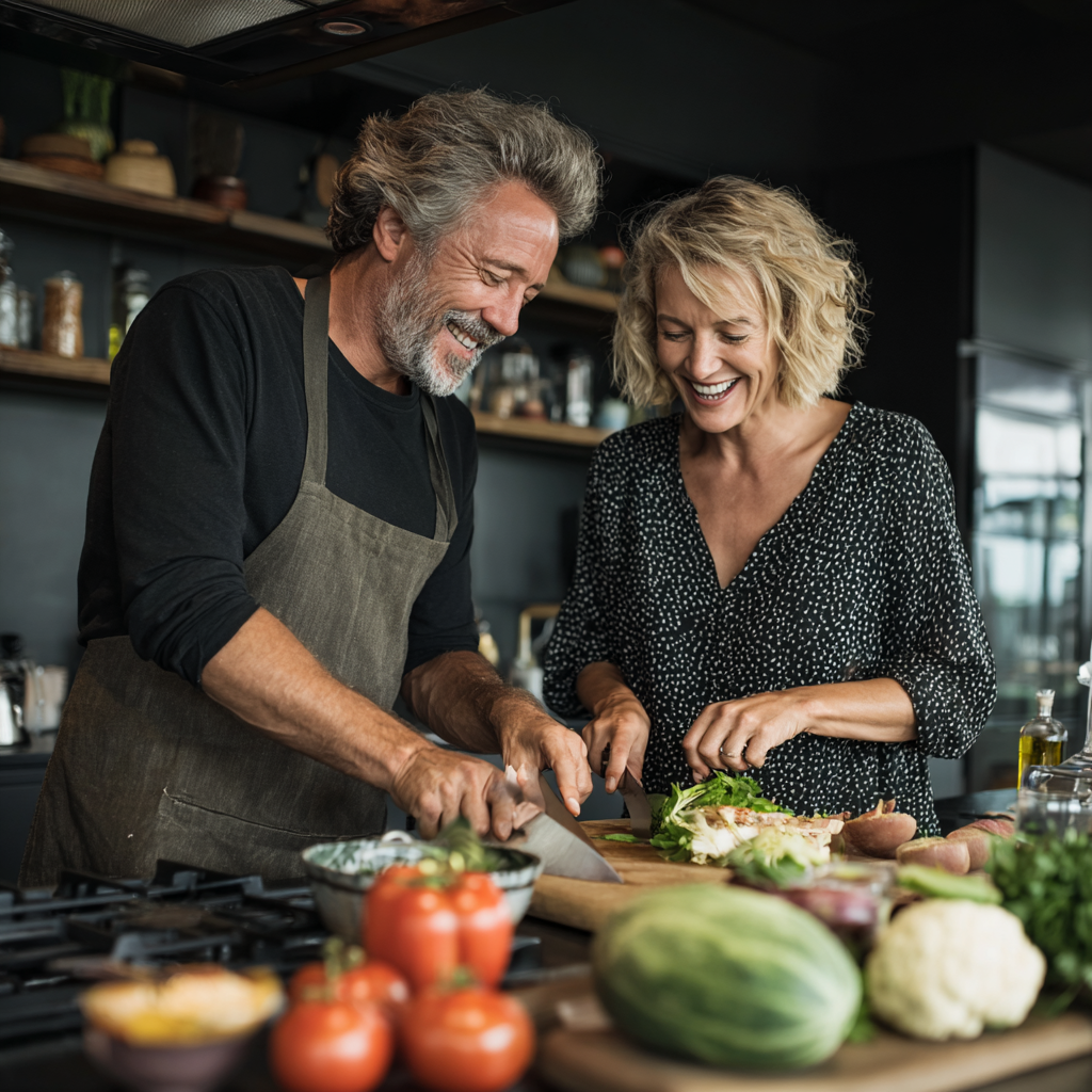 Двойка в края на 50-те години готви здравословна вечеря заедно в модерна кухня, усмихнати и щастливи