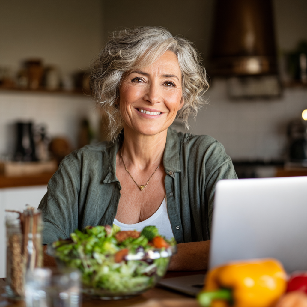 Усмихната жена на 55 години седи на кухненската маса с лаптоп и здравословна салата пред себе си, планирайки седмичното си меню